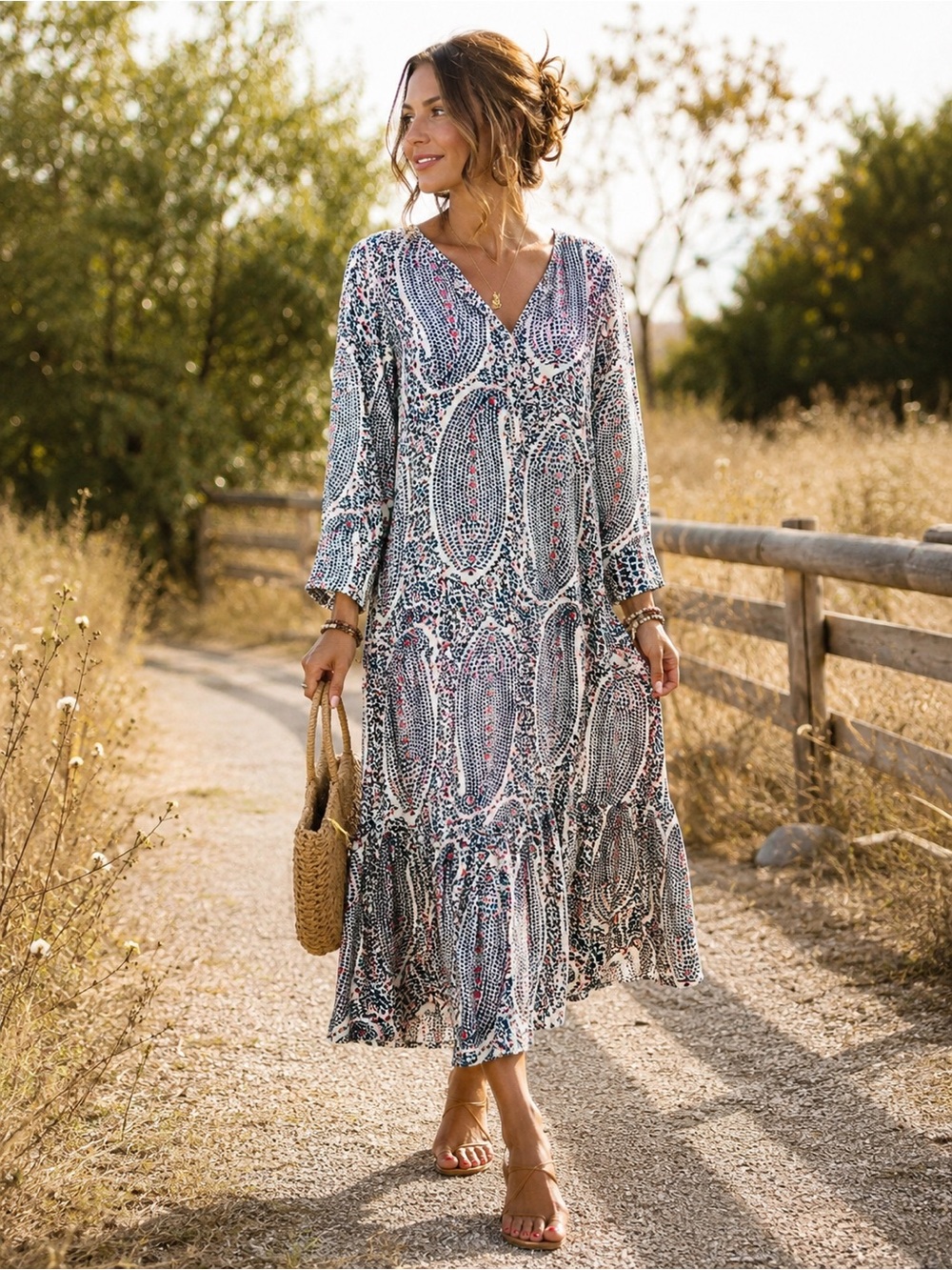 Boho Maxi Dress Women Medium Blue Red Print Tiered Long Sleeve Flowy